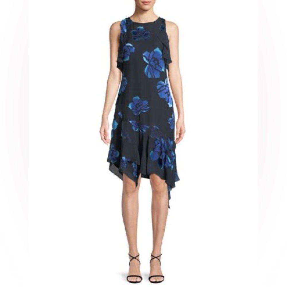 Elie Tahari Silk Blend Midi Blue Floral Asymmetric Y2K Dress